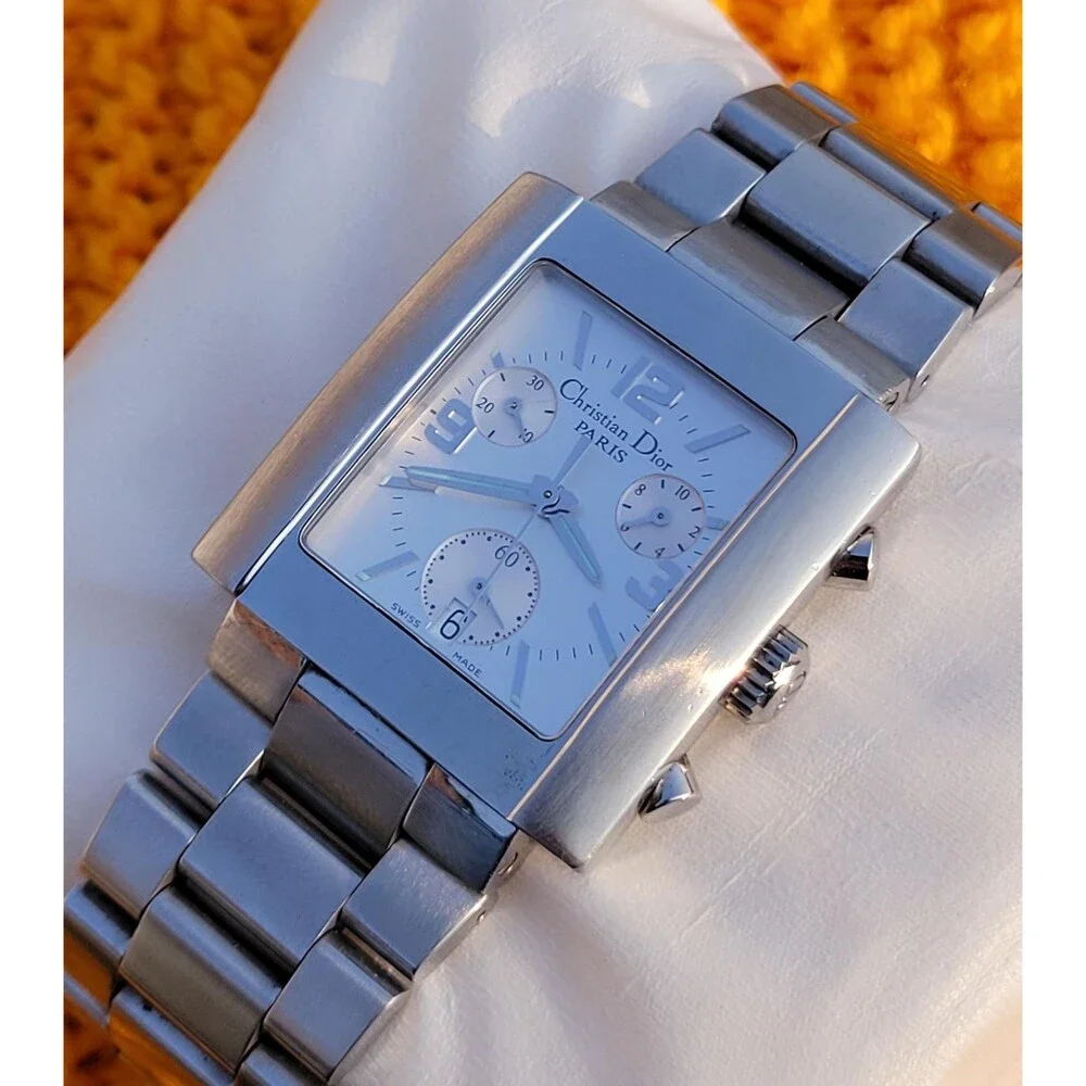 Christian Dior Riva Chronograph Watch Silver Rectangular Swiss Made Luxury